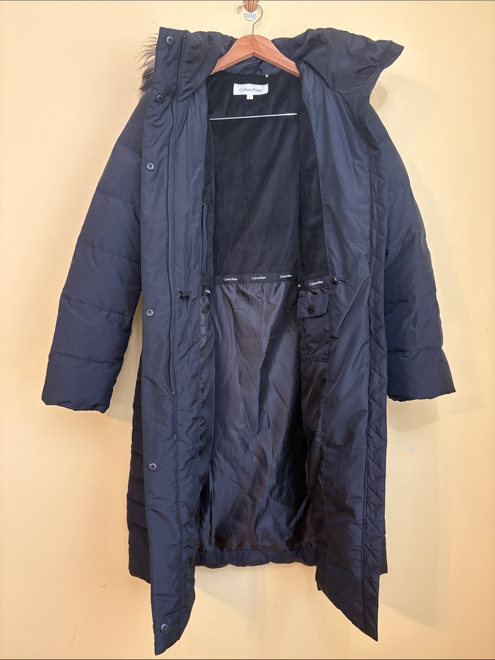 Calvin Klein | Black Long Hooded Puffer Parka Quilted Zip Snap Coat Jacket Small - Picture 12 of 16